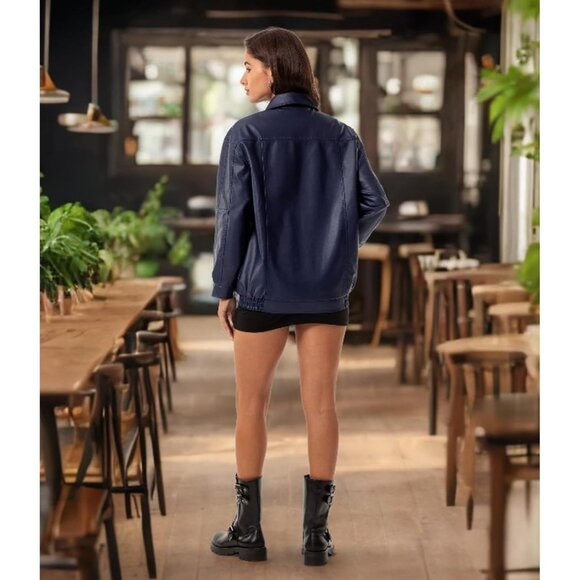 Women's Navy Oversized Faux Leather Fashion Zip Up Motorcycle Loose Fit Jacket - Picture 6 of 7